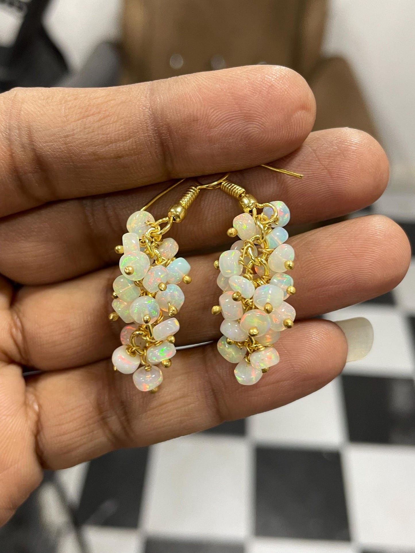 Natural White Opal Ethiopian Gemstone Rainbow Multi Fire Welo Opal Beaded Earrings for Gift