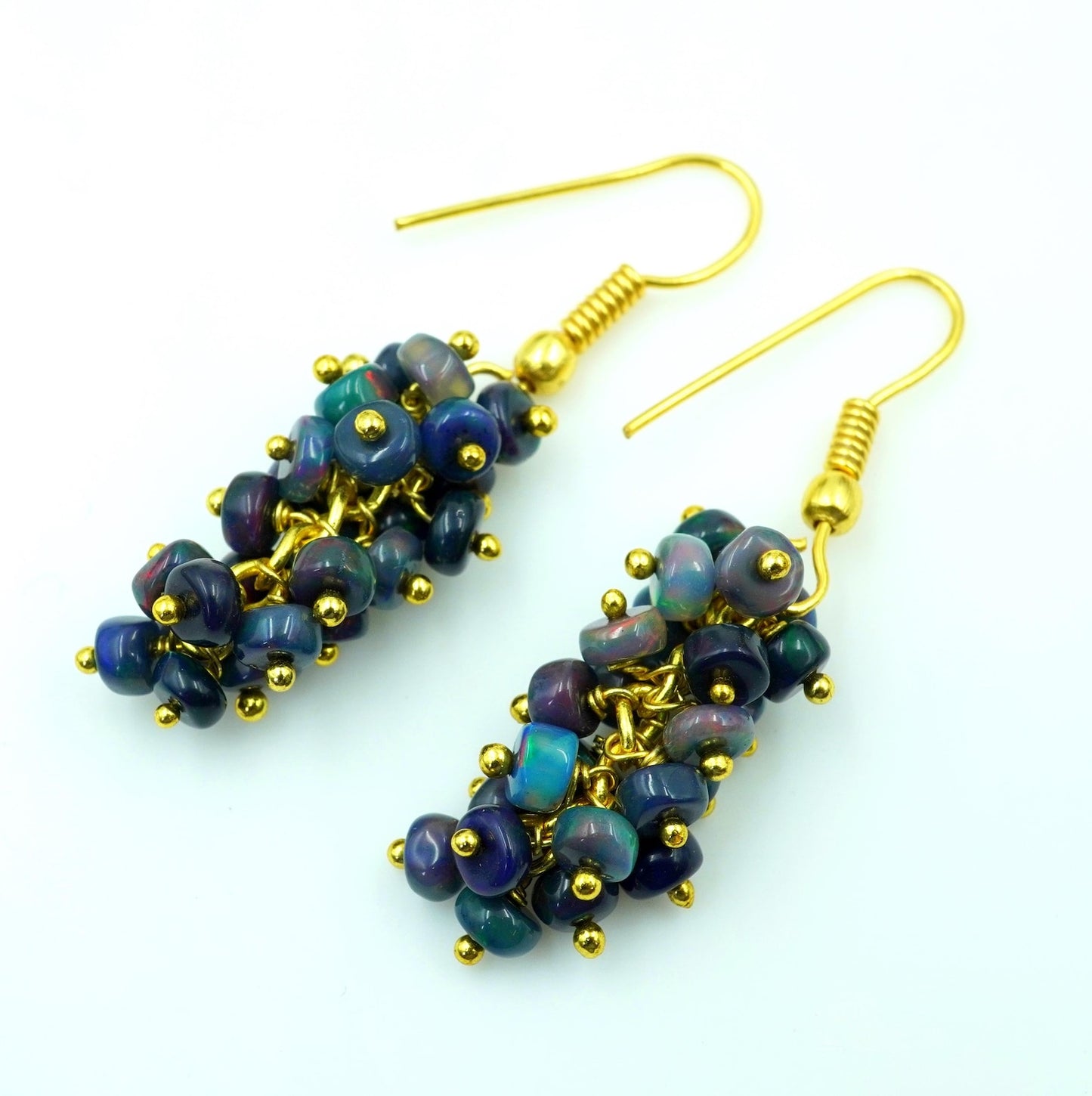 Ethiopian Welo Opal Beaded Earrings, 14K Gold Rainbow Fire