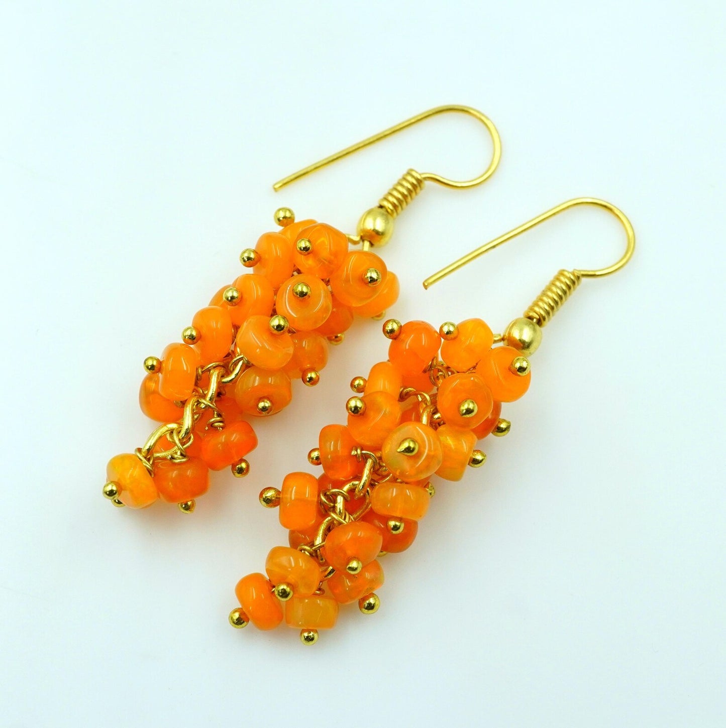 Orange Ethiopian Welo Opal Beaded Earrings, 14K Gold, Rainbow Gemstone