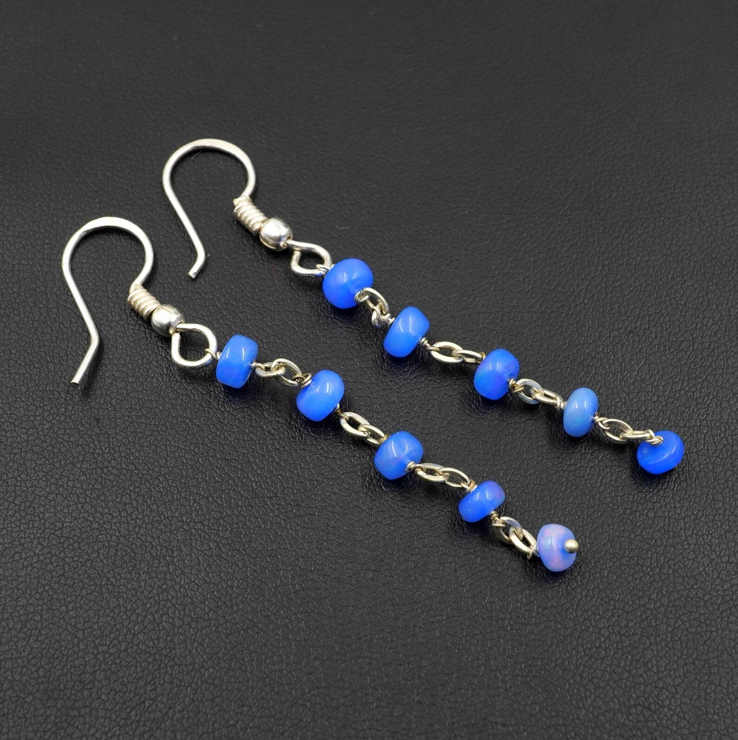 Natural Blue Welo Fire Ethiopian Opal Cabochon Beaded Earrings, 925 Silver , Natural Rainbow Gemstone