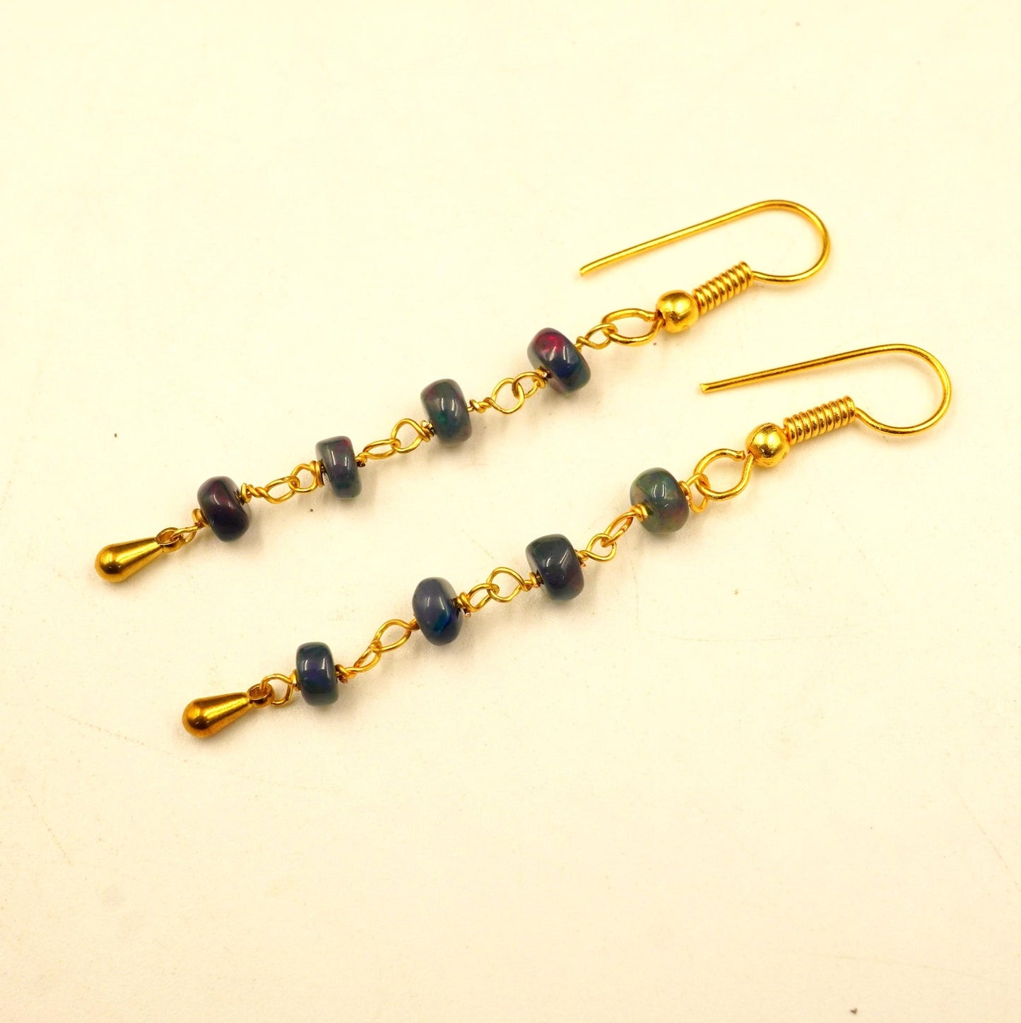 Natural Black Ethiopian Opal Beads Earrings Multi Fire Opal 14K Gold Cabochon Beaded