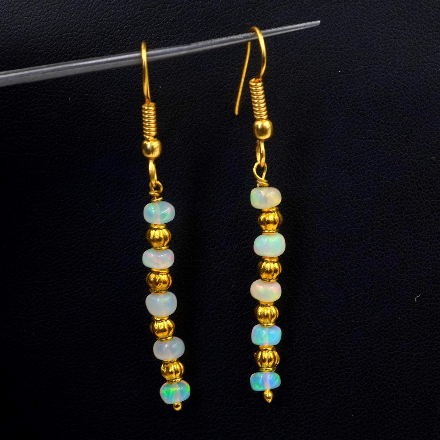 Natural Ethiopian Opal Beads Earrings Multi Fire Opal 14K Gold Cabochon Beaded