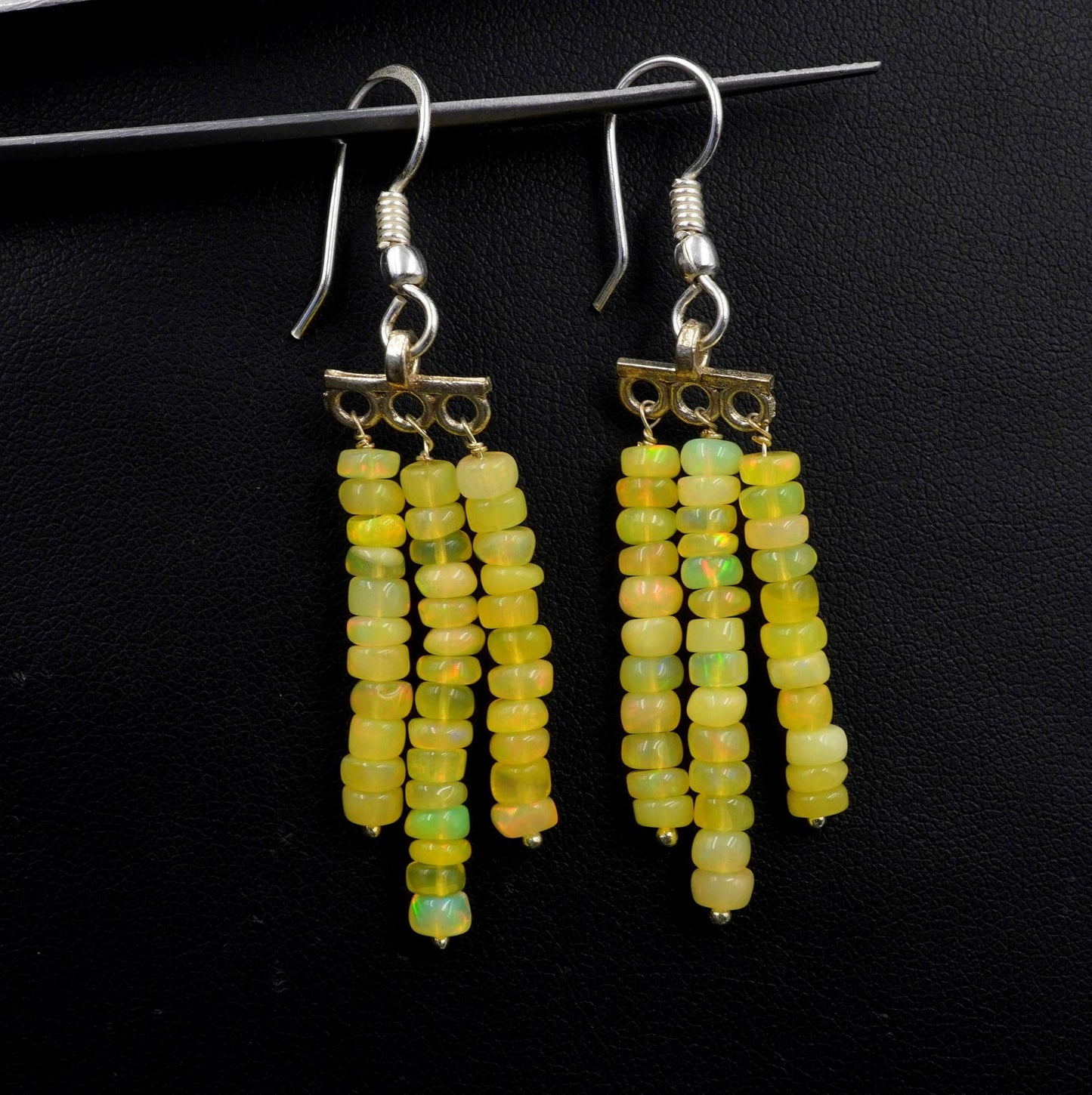 Yellow Ethiopian Opal Beads Earrings, Multi Fire, 925 Sterling Silver & Gold