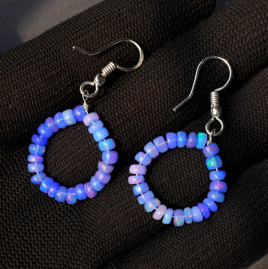 Blue Multi Fire Ethiopian Opal Beads Earrings, 14K Silver & Gold Earrings Gift For Her
