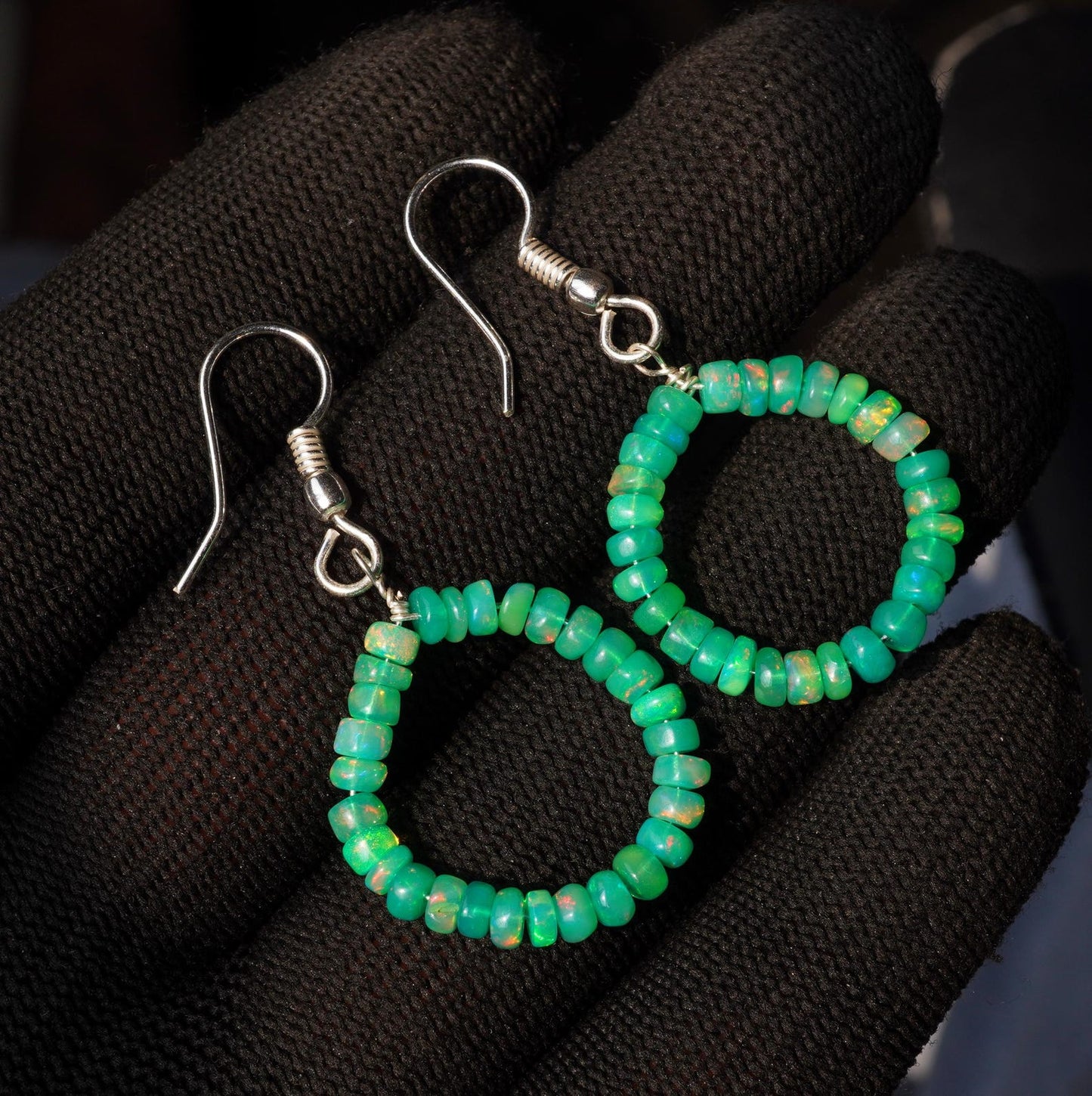 Natural Green Ethiopian Opal Hoop Earrings, 5mm Smooth Beads, Silver & Gold Finish