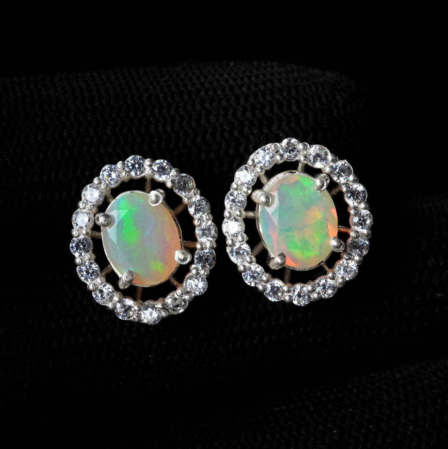 Faceted Ethiopian Opal Earrings: Multi Fire Opal & Moissanite 925 Silver Studs