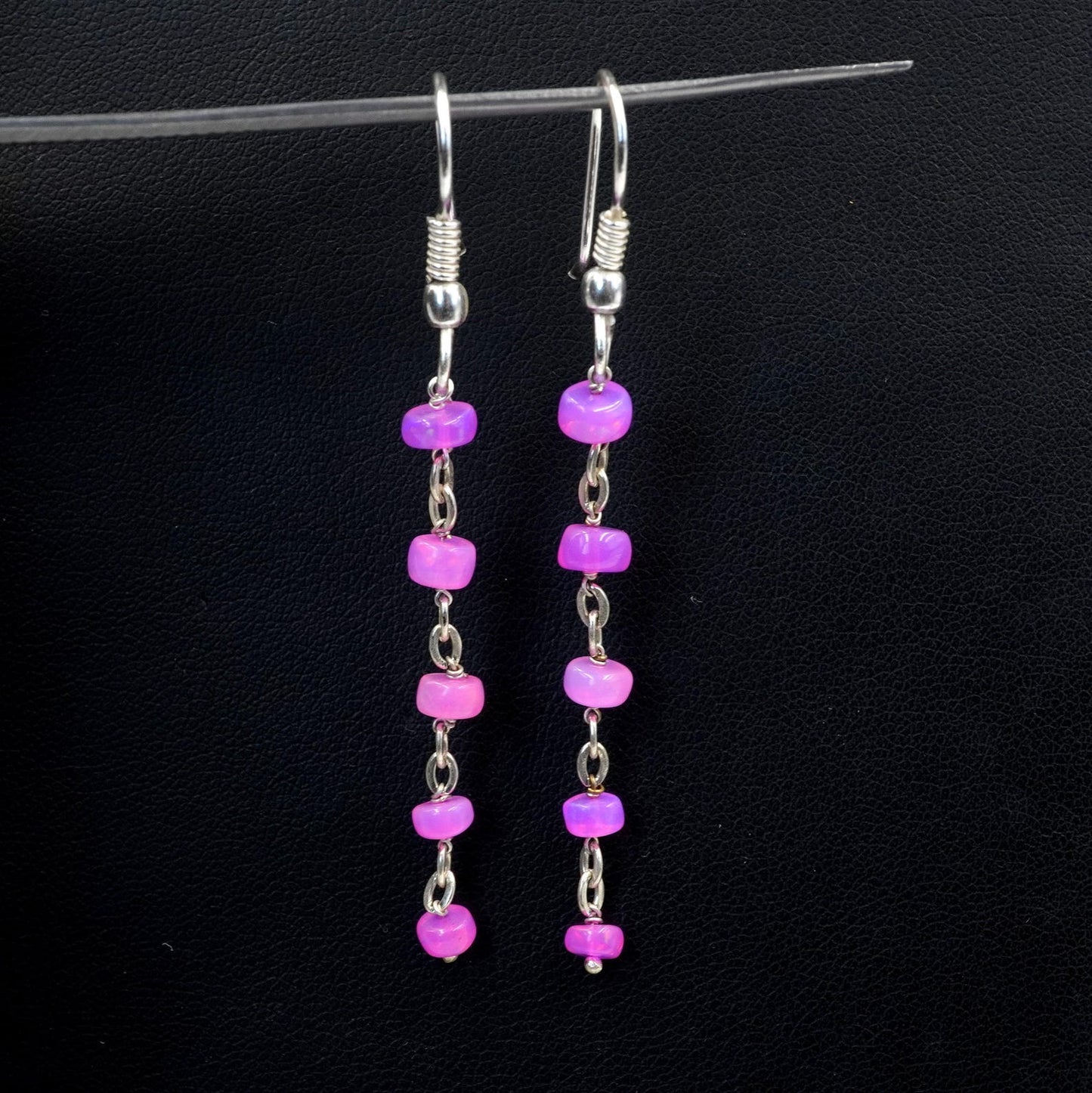 Natural Pink Ethiopian Welo Opal Beaded Earrings, 925 Silver , Natural Rainbow Gemstone