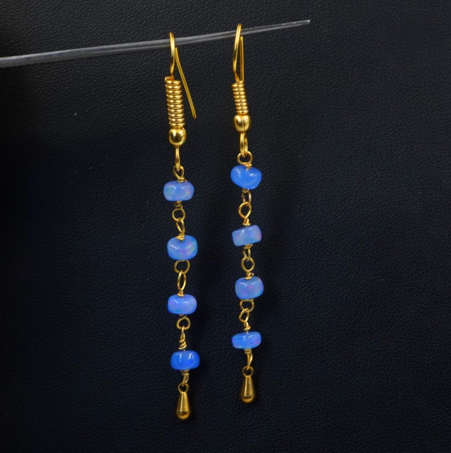 Natural Ethiopian Opal Beads Earrings Blue Multi Fire Opal 14K Gold Cabochon Beaded