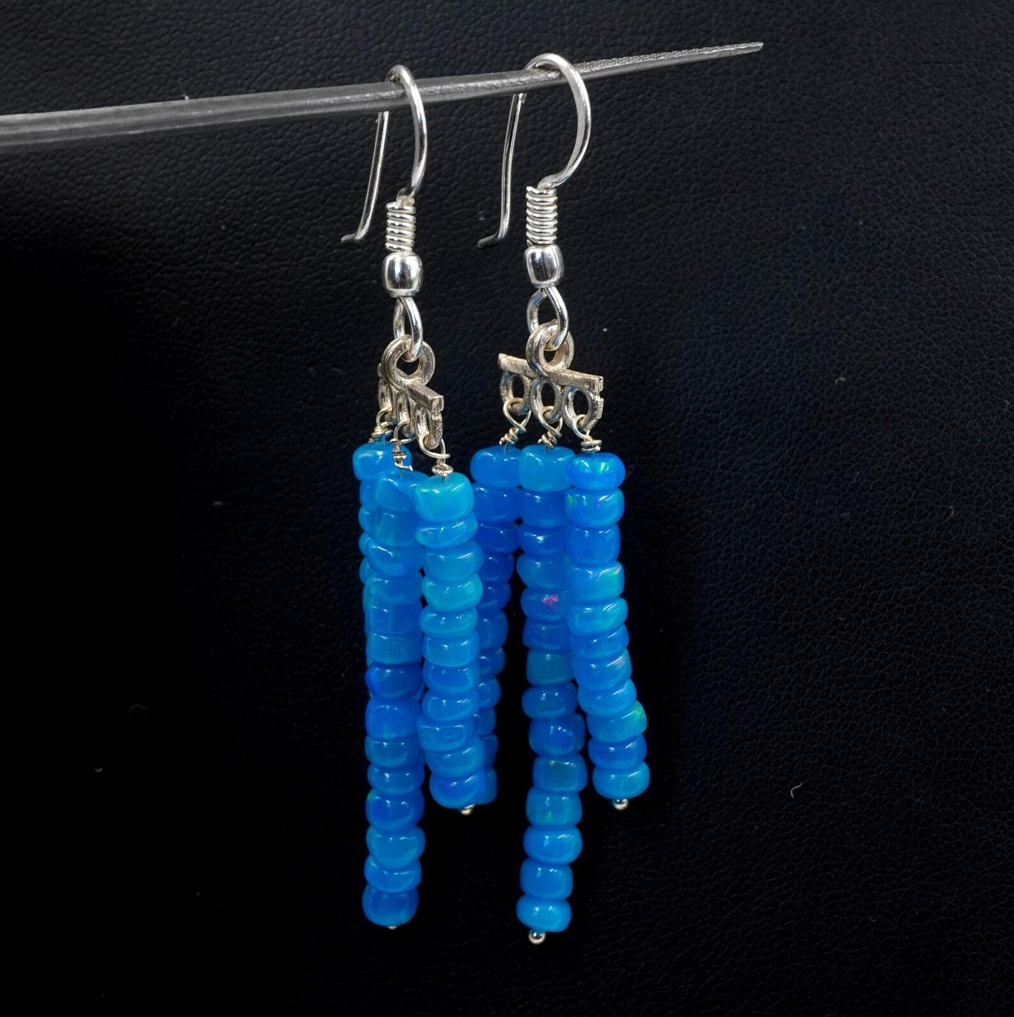 Ethiopian Opal Beads Earrings Blue Natural Multi Fire Opal 925 Silver Cabochon Beaded