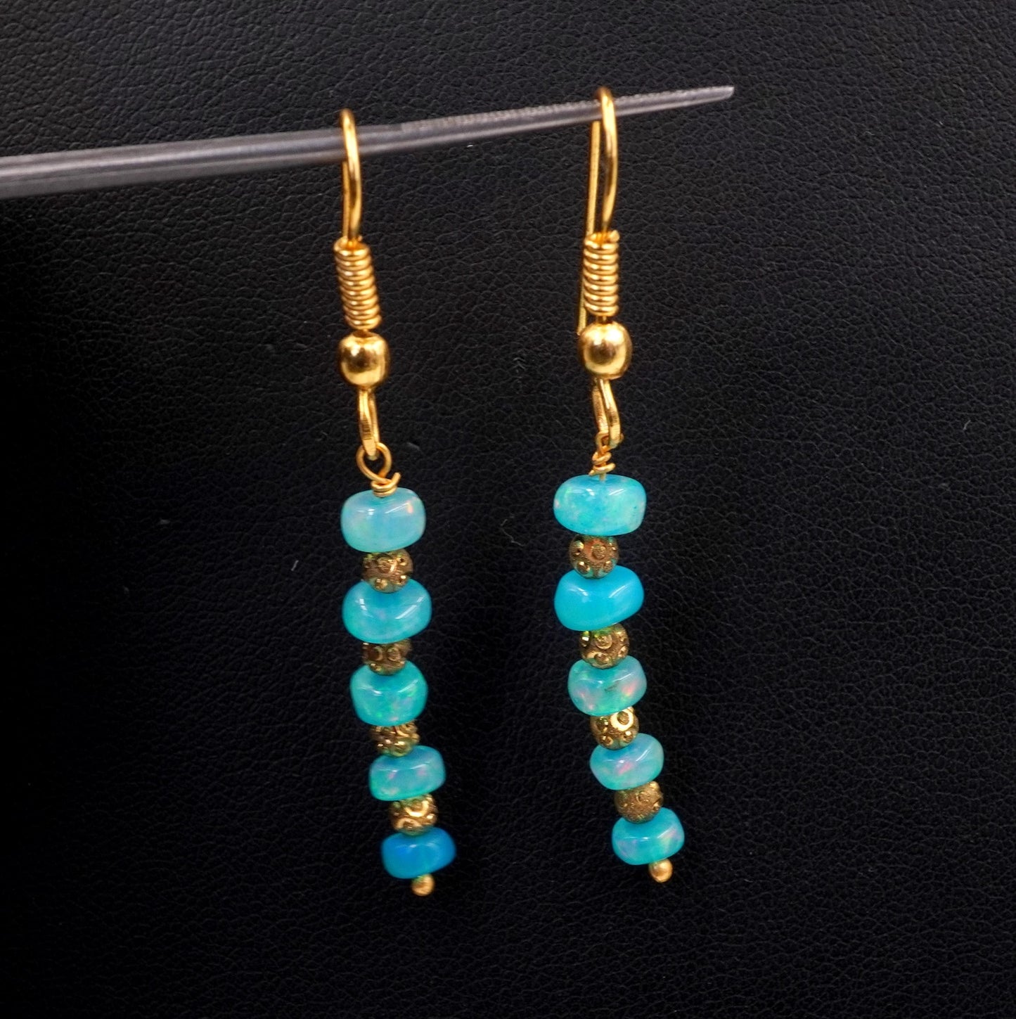 Natural Blue Ethiopian Opal Beads Earrings Multi Fire Opal 10K Gold Cabochon Beaded