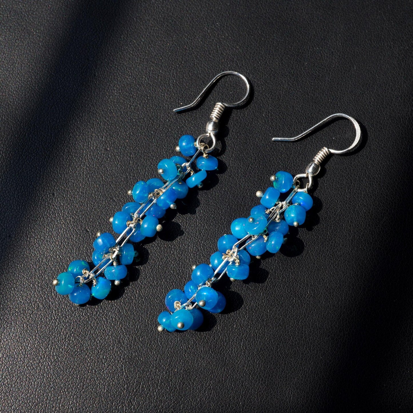 Natural Blue Ethiopian Opal Beads Earrings 925 Silver Cabochon Earrings