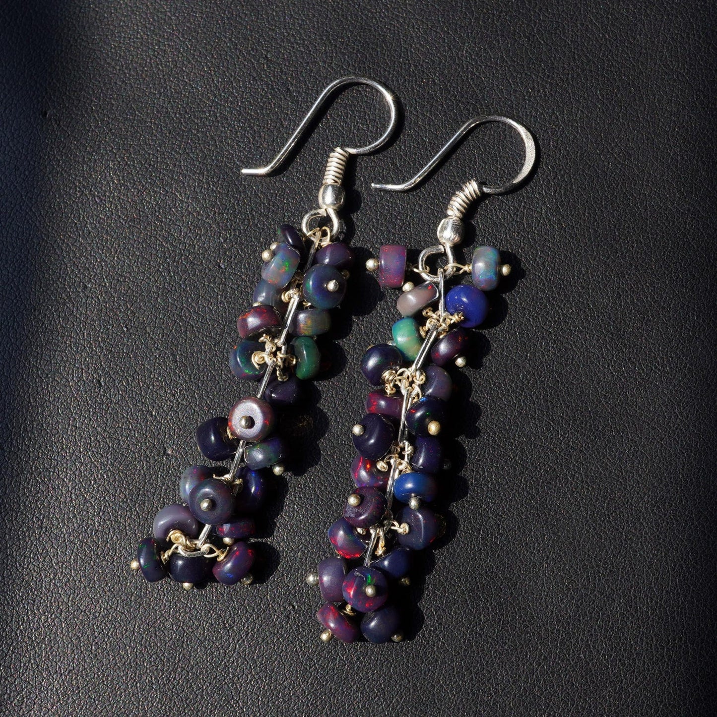Black Ethiopian Opal Earrings, 925 Silver & Gold Multi Fire Cabochon Beads