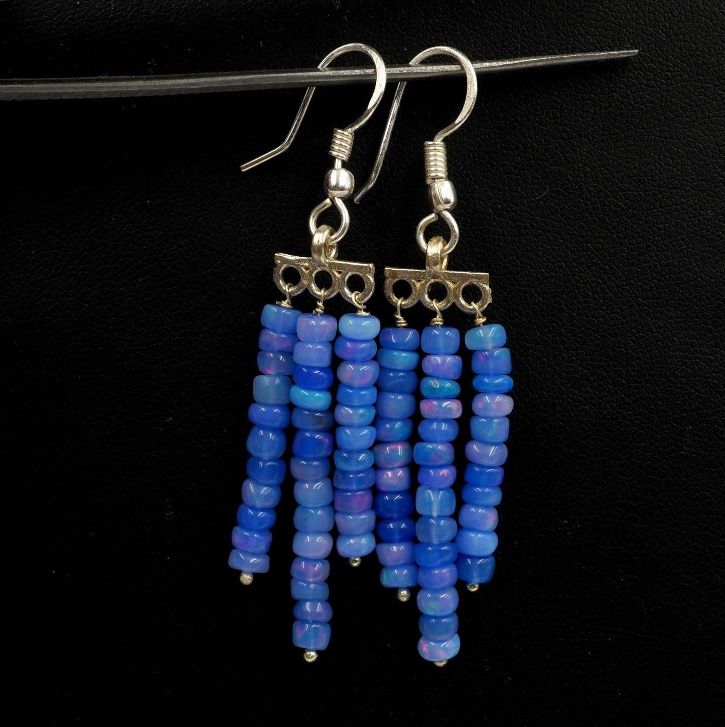 Natural Blue Ethiopian Opal Earrings, Multi Fire Beads, 925 Sterling Silver