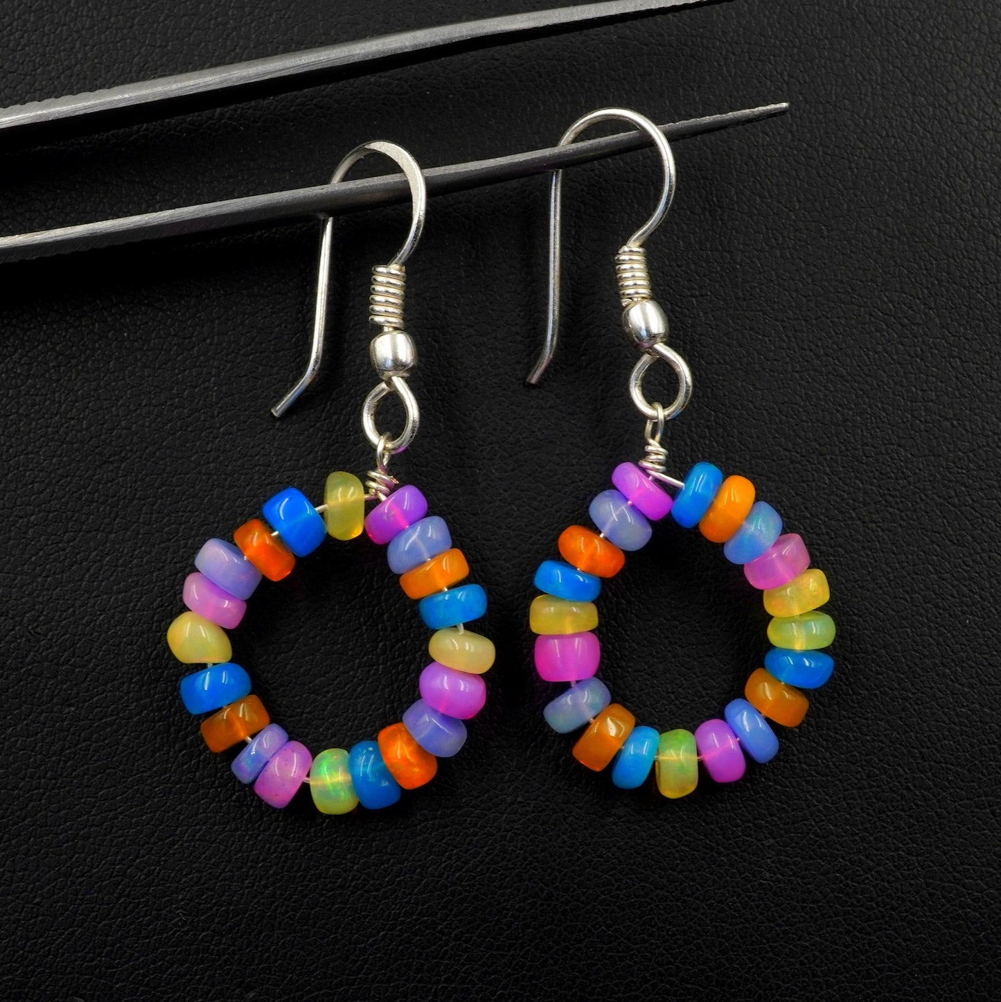 Natural Multi Color Ethiopian Opal Beads Earrings, Sterling Silver & Gold
