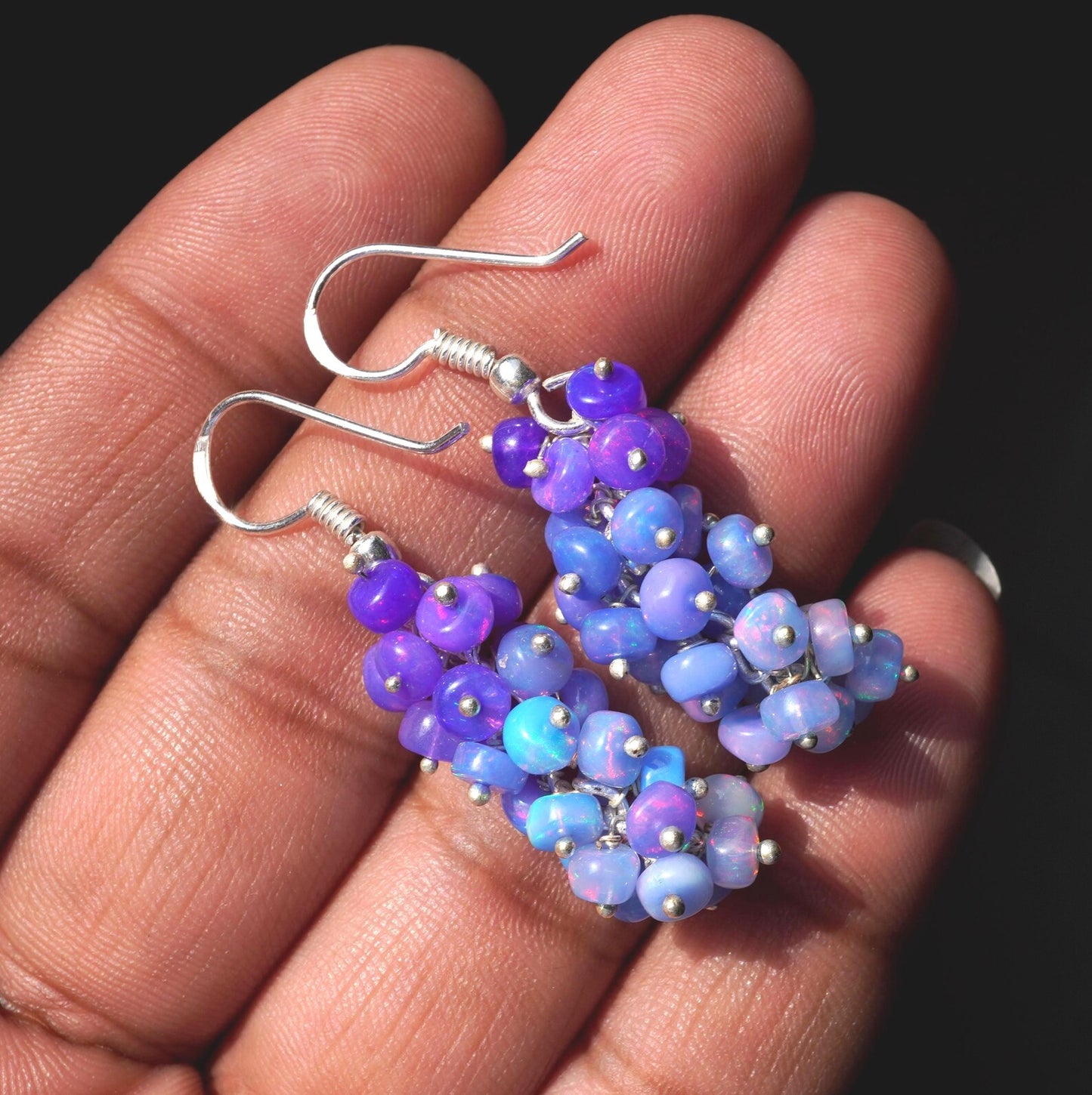 Ethiopian Opal Earrings, 925 Silver, Blue Multi Fire Cabochon Beads