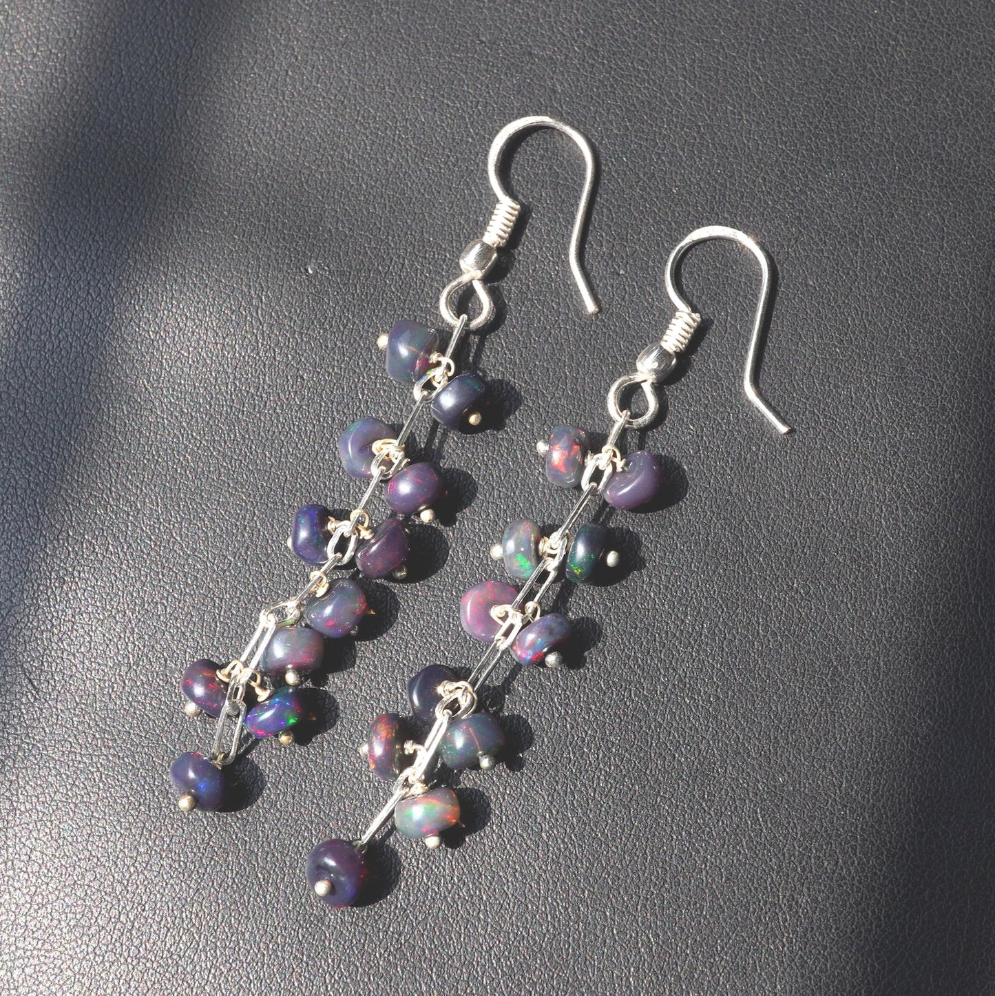 Natural Black Ethiopian Opal Earrings, 925 Silver, Multi Fire Cabochon Beads