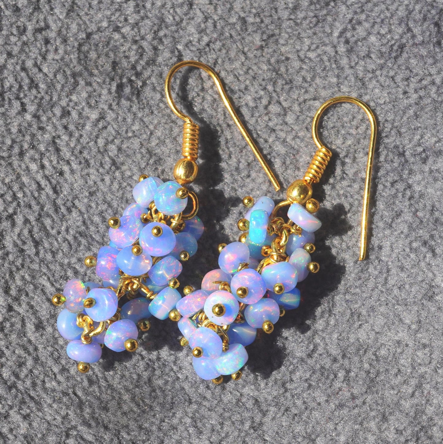 Natural Ethiopian Blue Welo Opal Beaded Earrings, 14K Gold, Rainbow Gemstone