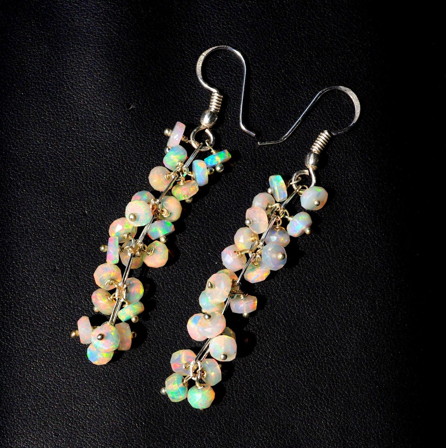 Ethiopian Opal Earrings, 925 Silver, Multi Fire Cabochon Beads