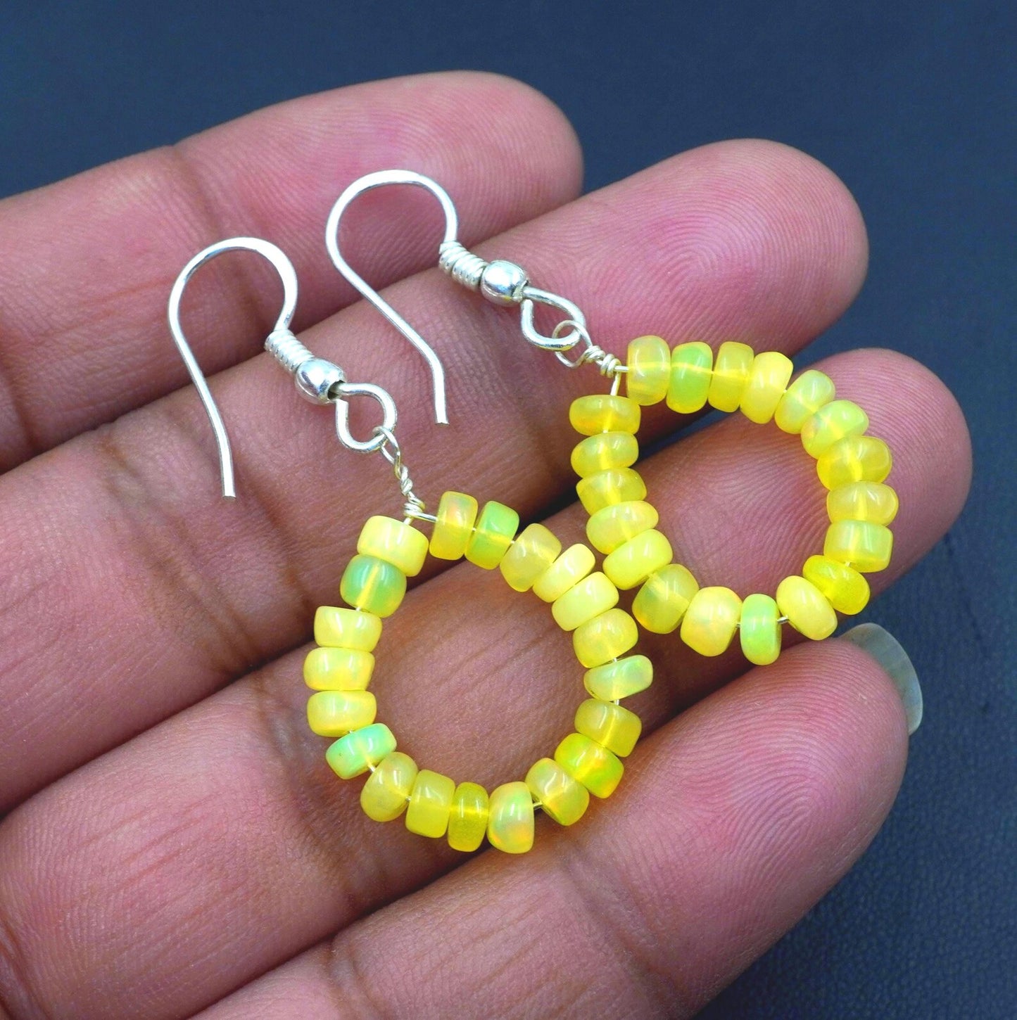 Natural Rainbow Yellow Ethiopian Opal Beads Earrings, Sterling Silver & Gold