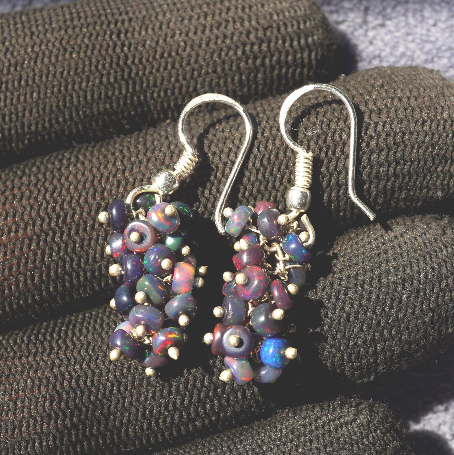 Ethiopian Welo Opal Beaded Earrings, 14K Gold Rainbow Fire
