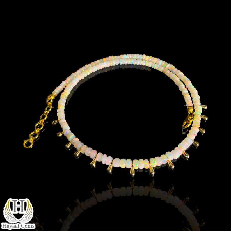 White Ethiopian Opal Beaded Necklace: Dainty Sterling Silver, Multi-Color Fire