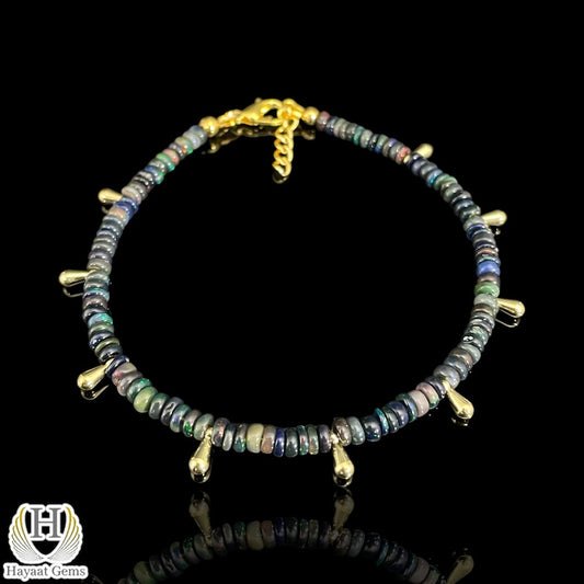 Black Opal Beaded Bracelet: Sterling Silver, 14K Gold Finish