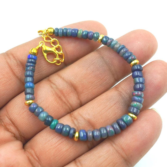 Black Opal Multi Fire Cabochon Beads Bracelet Gold & Silver Beads Gift For Her
