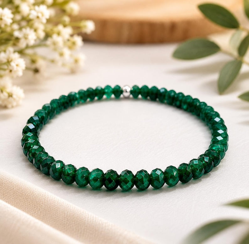Faceted Emerald Beads Bracelet: Handmade Gemstone Stretch Bracelet
