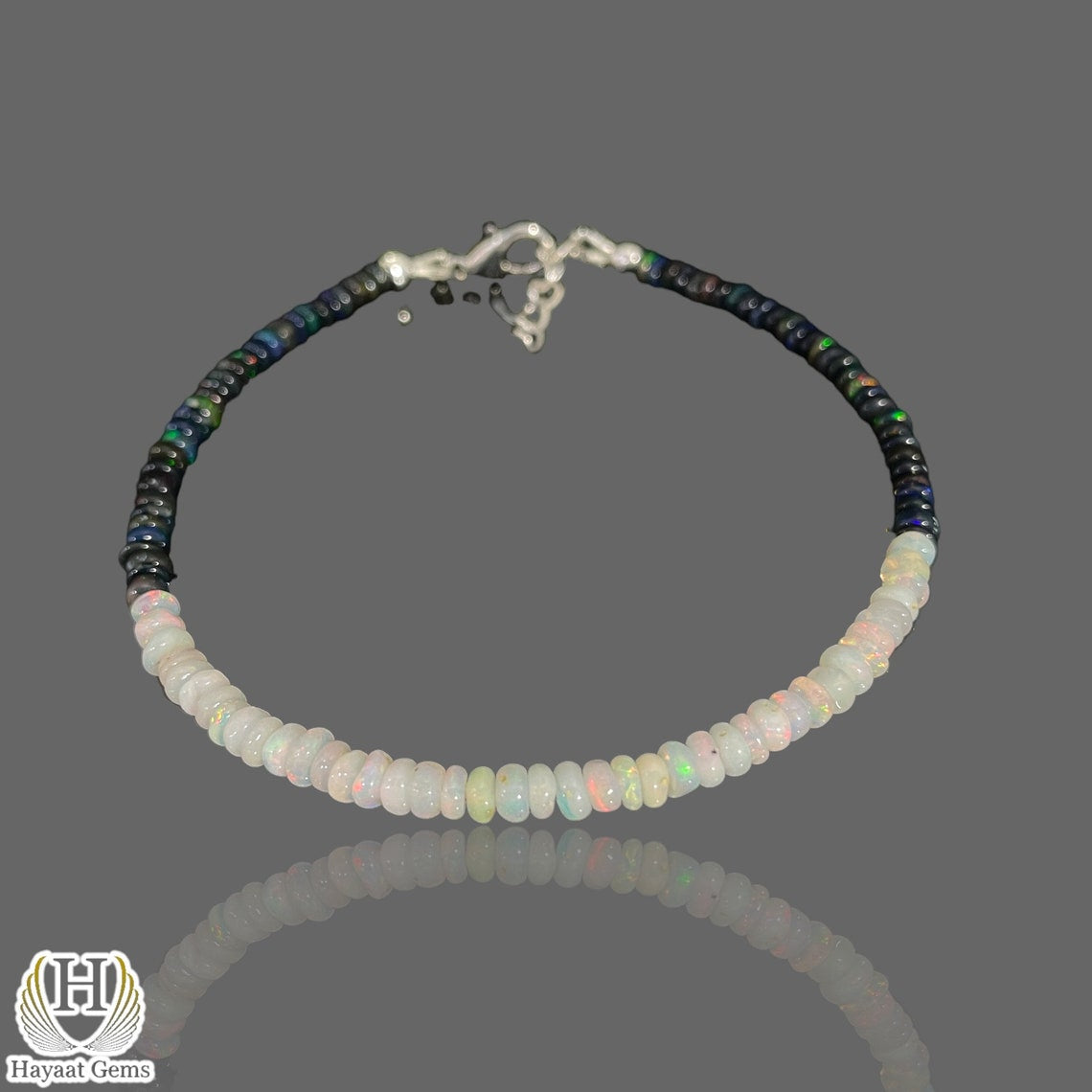 Ethiopian Opal Beaded Bracelet: Black & White Opal, Sterling Silver
