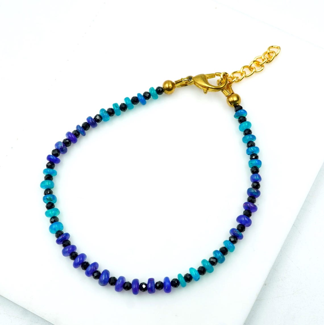 Natural Blue Ethiopia Beaded n Opal Bracelet with Black Onyx | October Birthstone Jewelry