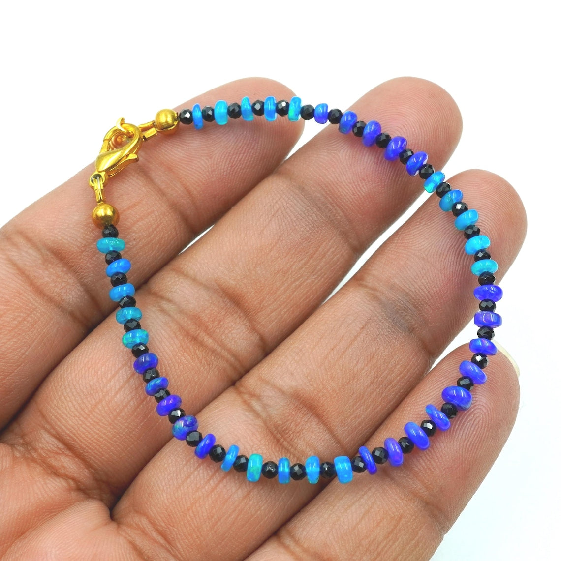 Natural Blue Ethiopia Beaded n Opal Bracelet with Black Onyx | October Birthstone Jewelry