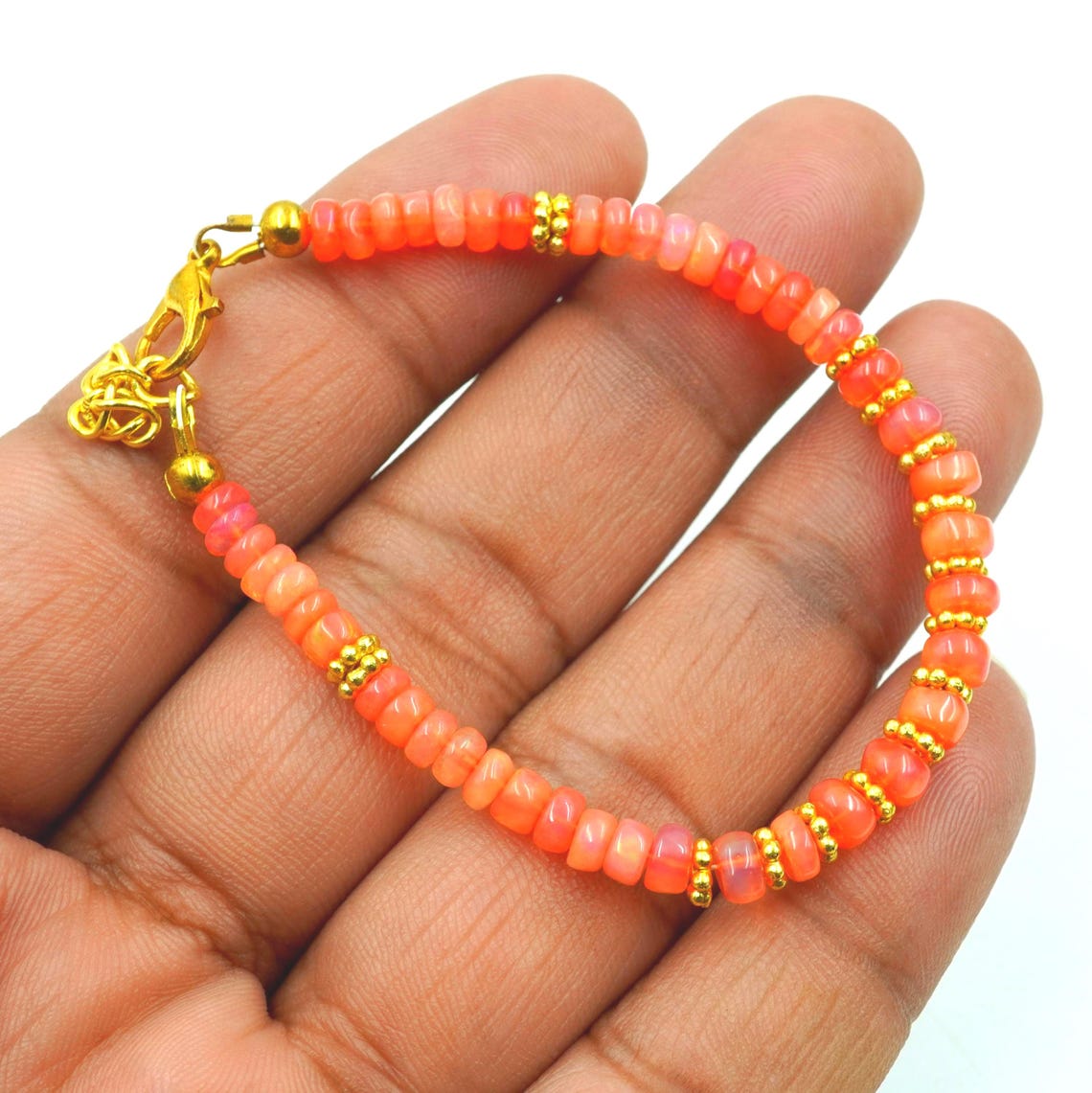 Natural Orange Ethiopian Opal Beaded Bracelet | AAA Multi Fire Gemstone, October Birthstone Jewelry