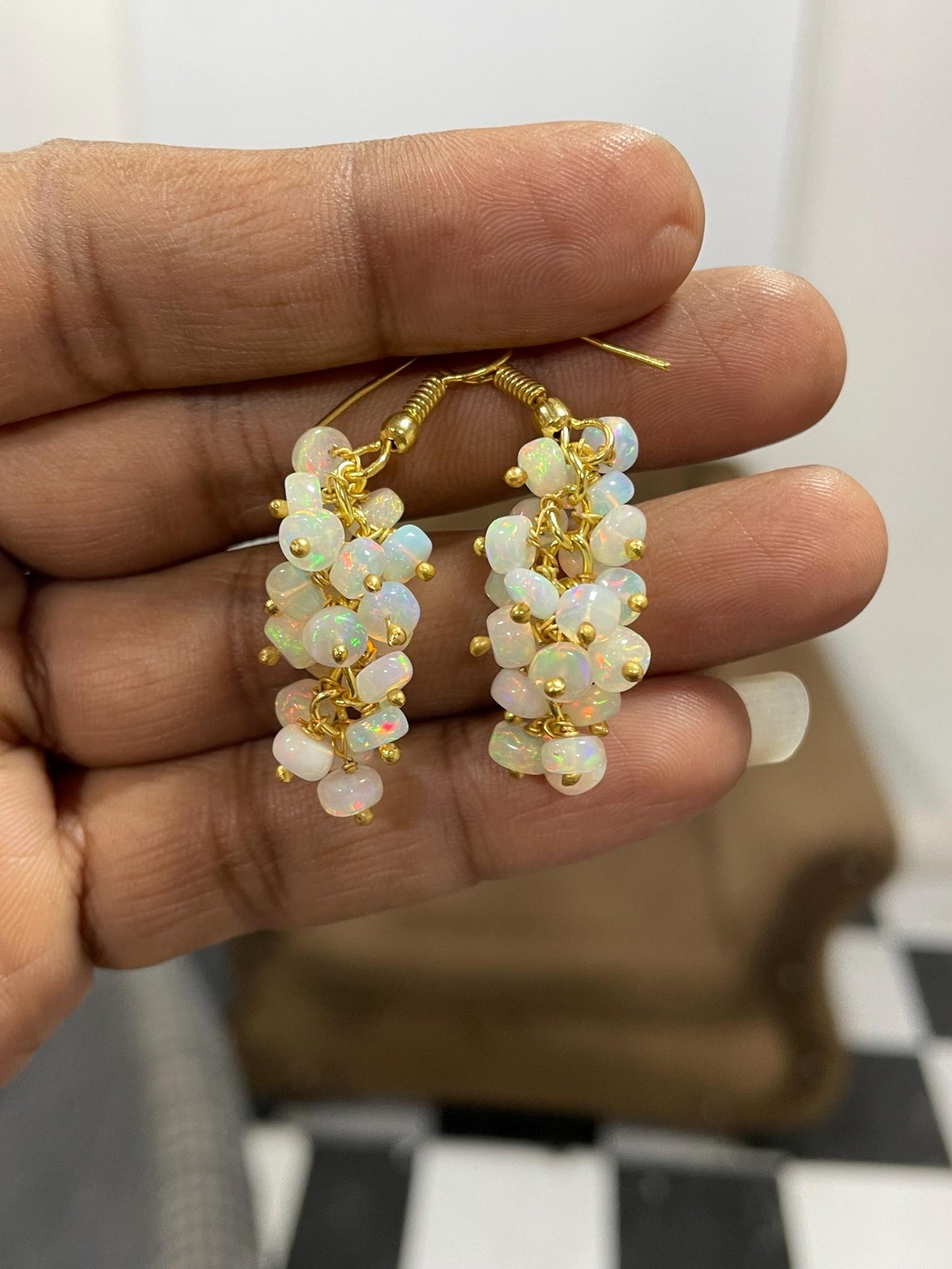 Natural White Opal Ethiopian Gemstone Rainbow Multi Fire Welo Opal Beaded Earrings for Gift
