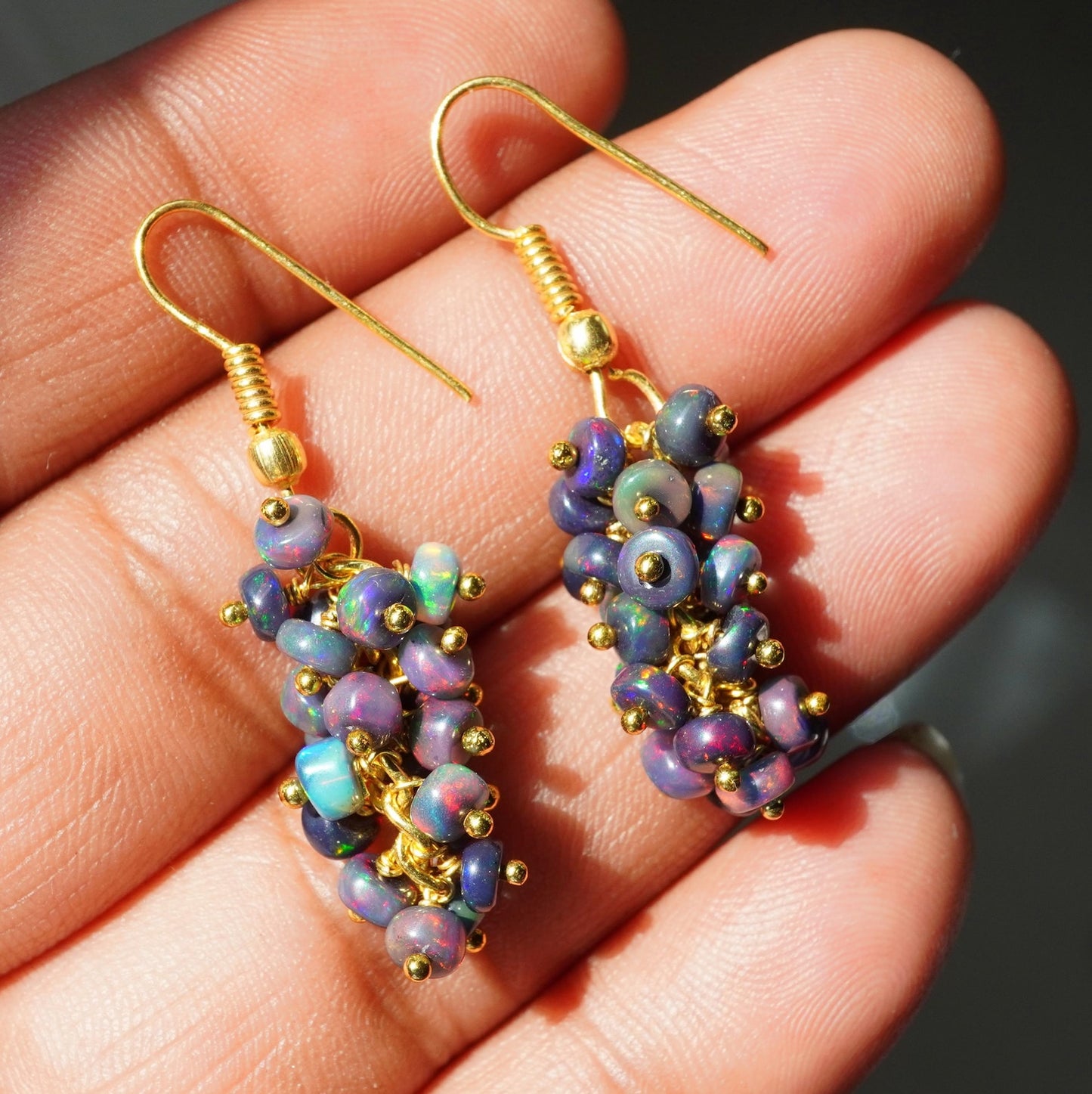 Ethiopian Welo Opal Beaded Earrings, 14K Gold Rainbow Fire