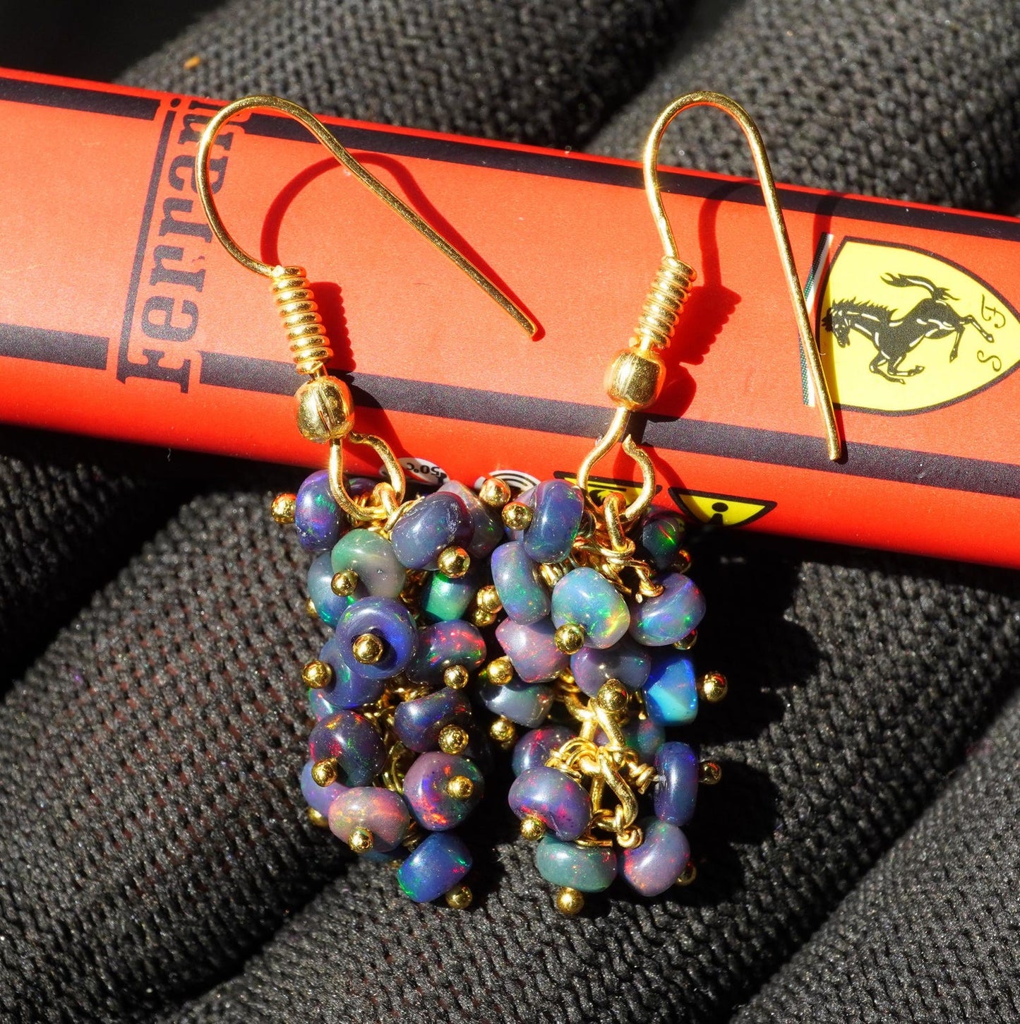 Ethiopian Welo Opal Beaded Earrings, 14K Gold Rainbow Fire