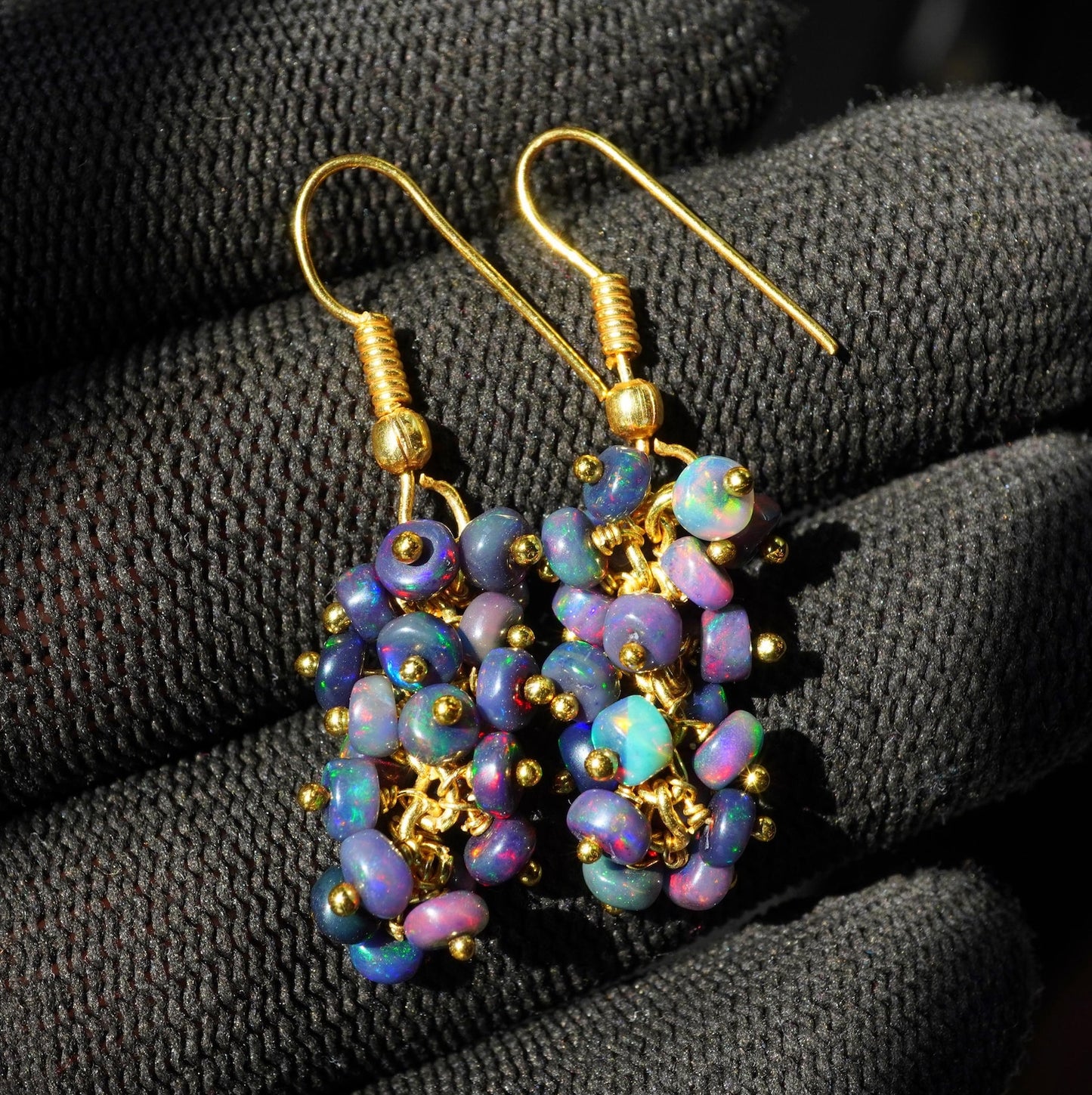 Ethiopian Welo Opal Beaded Earrings, 14K Gold Rainbow Fire
