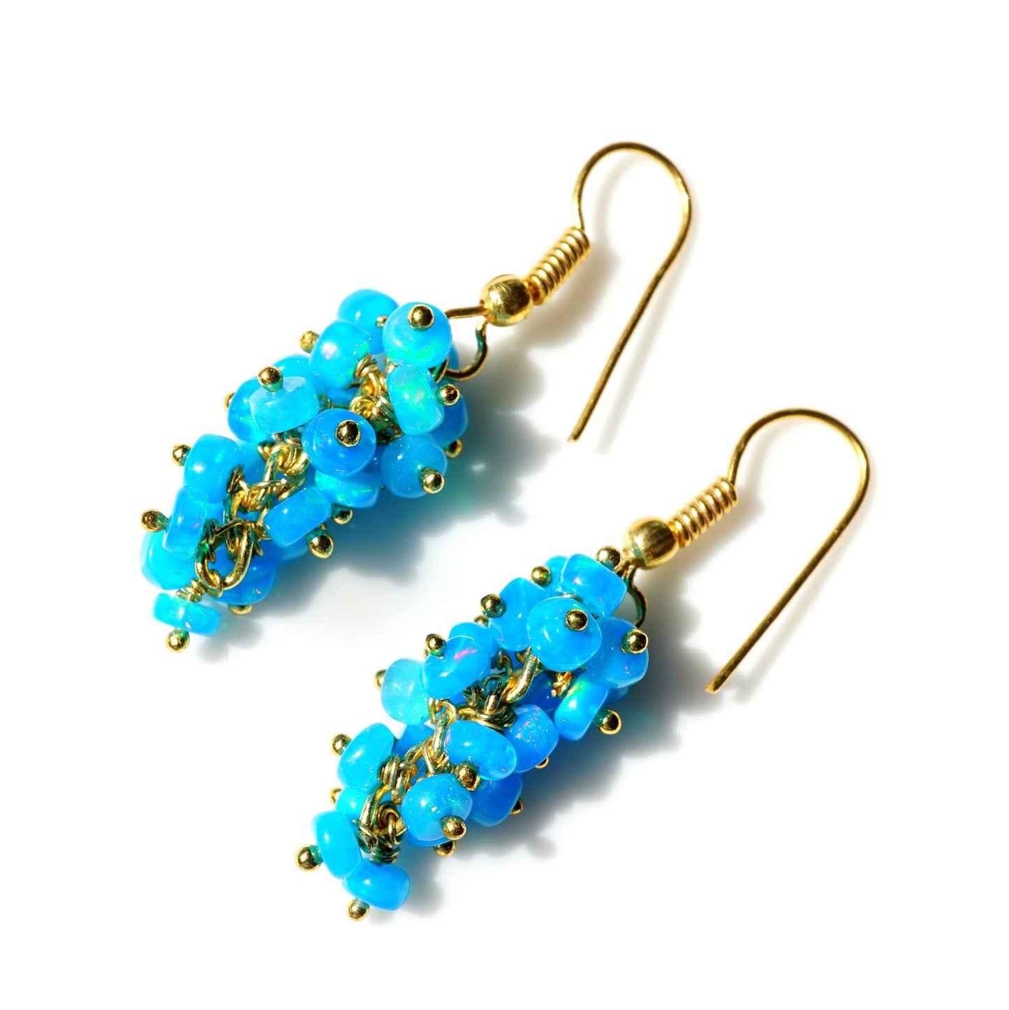Sky Blue Ethiopian Welo Opal Beaded Earrings, 14K Gold, Rainbow Gemstone