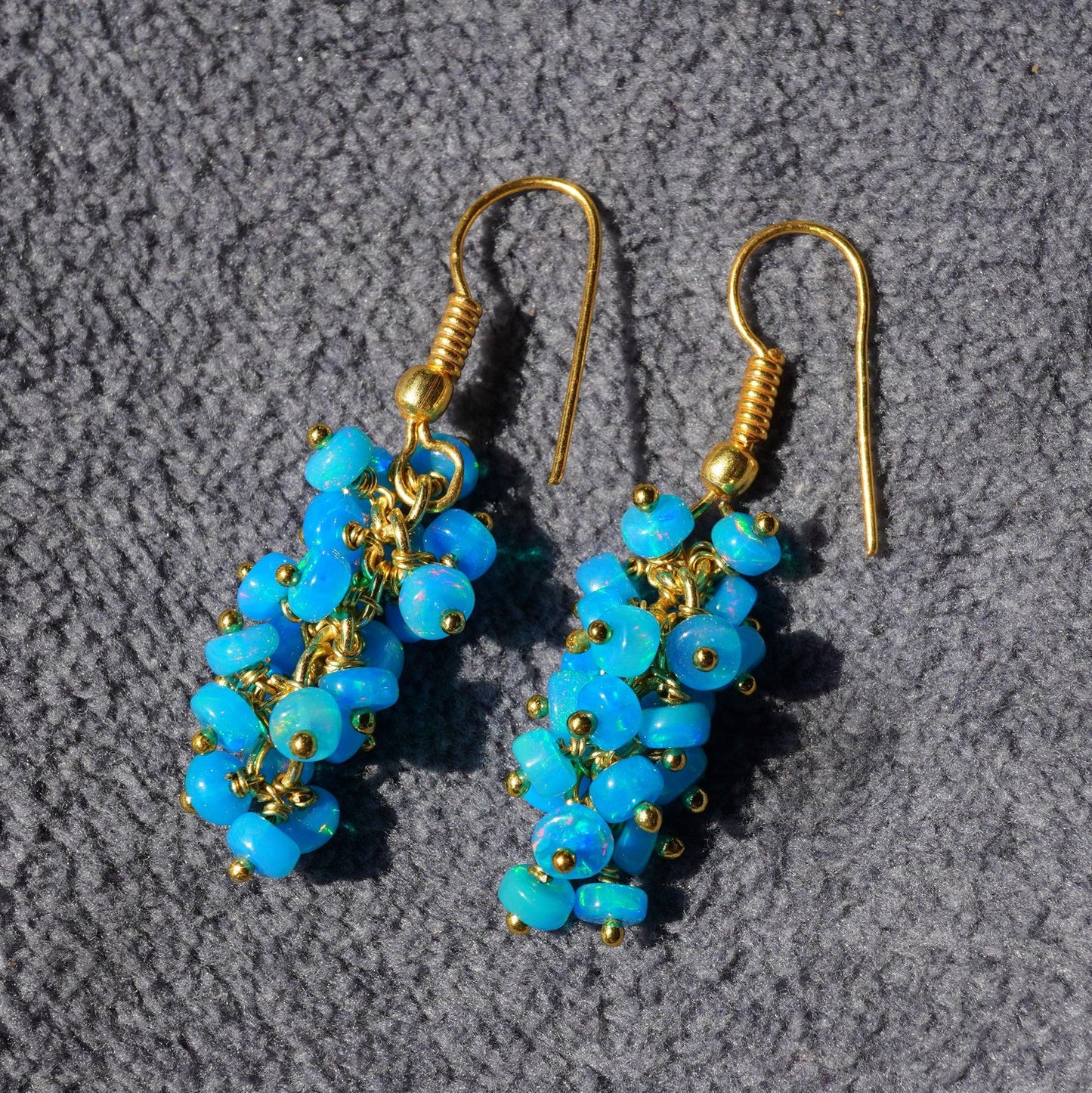 Sky Blue Ethiopian Welo Opal Beaded Earrings, 14K Gold, Rainbow Gemstone