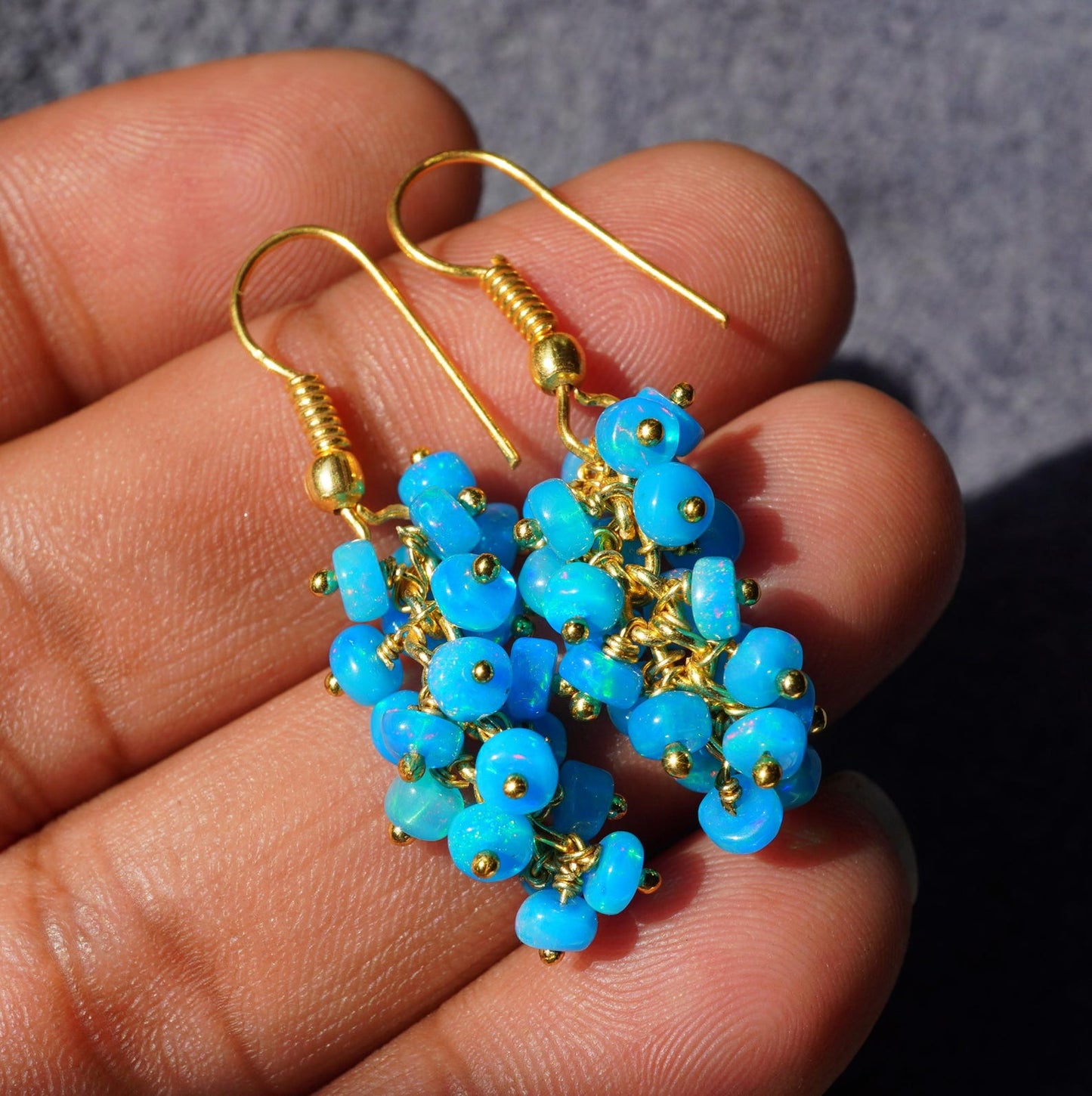 Sky Blue Ethiopian Welo Opal Beaded Earrings, 14K Gold, Rainbow Gemstone