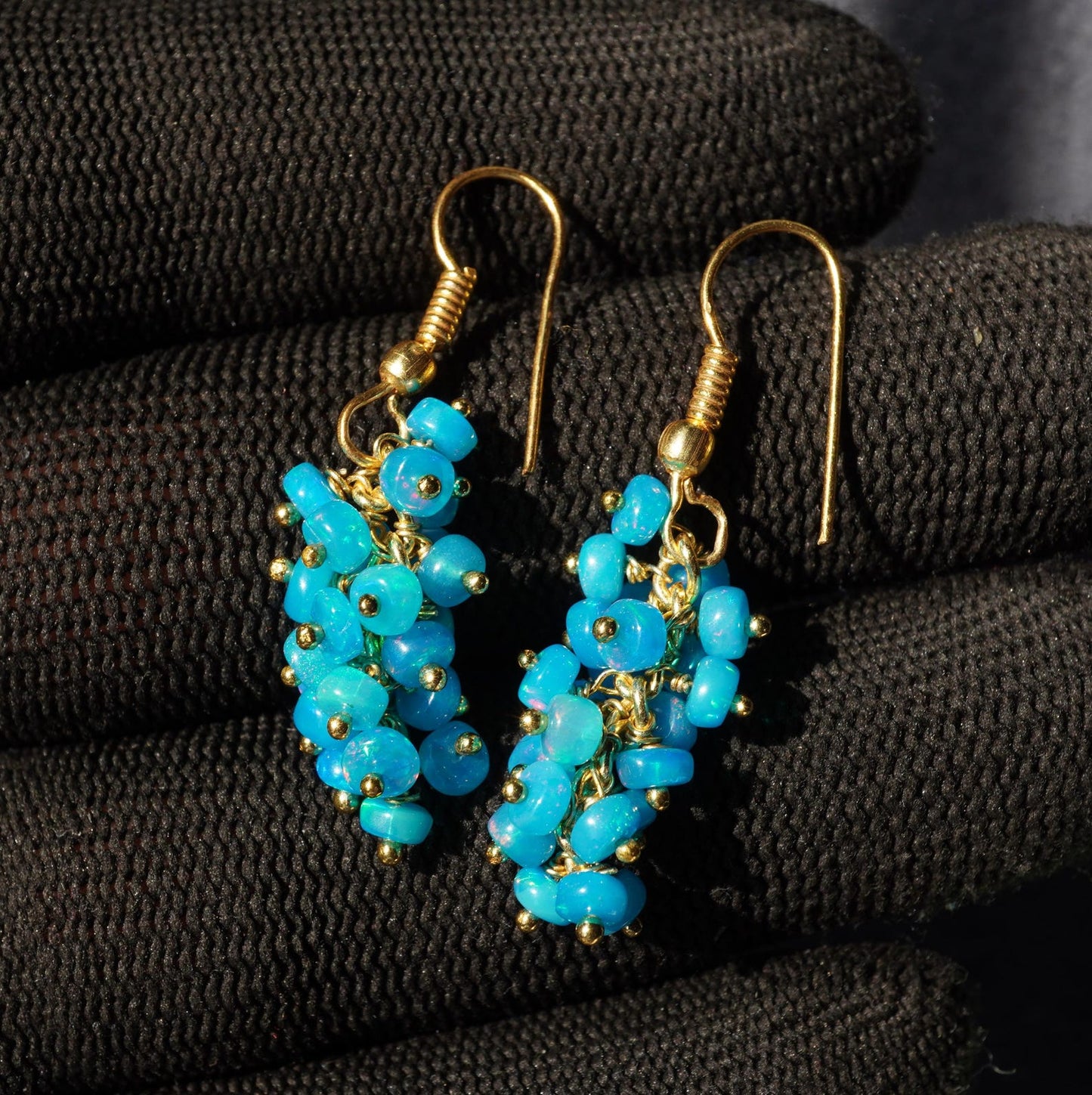Sky Blue Ethiopian Welo Opal Beaded Earrings, 14K Gold, Rainbow Gemstone