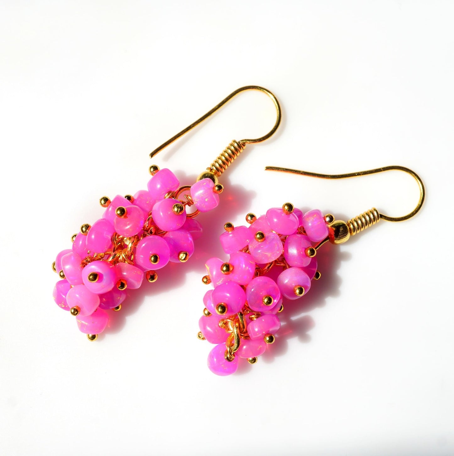 Ethiopian Pink Welo Opal Beaded Earrings, 14K Gold, Rainbow Gemstone