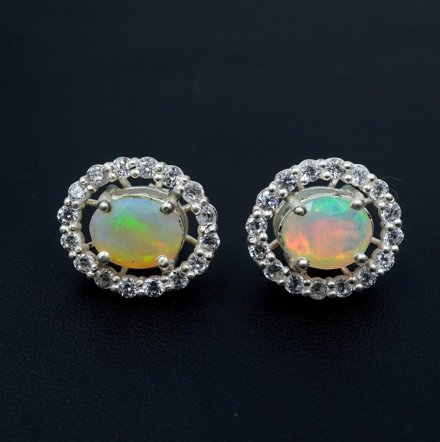 Faceted Ethiopian Opal Earrings: Multi Fire Opal & Moissanite 925 Silver Studs