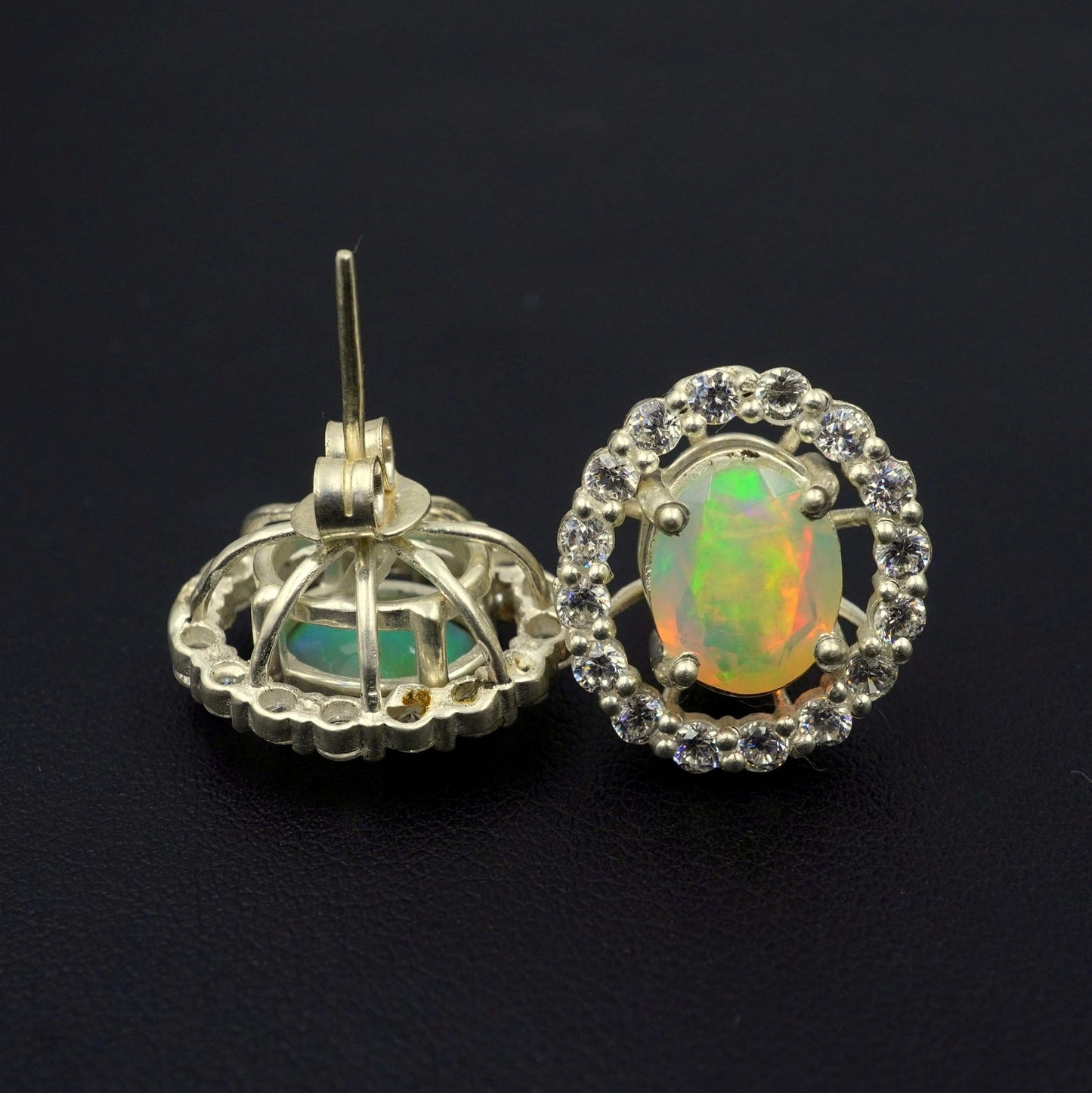 Faceted Ethiopian Opal Earrings: Multi Fire Opal & Moissanite 925 Silver Studs