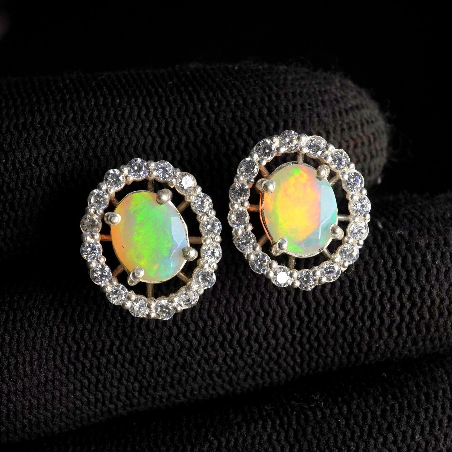 Faceted Ethiopian Opal Earrings: Multi Fire Opal & Moissanite 925 Silver Studs