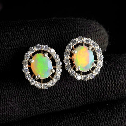 Faceted Ethiopian Opal Earrings: Multi Fire Opal & Moissanite 925 Silver Studs