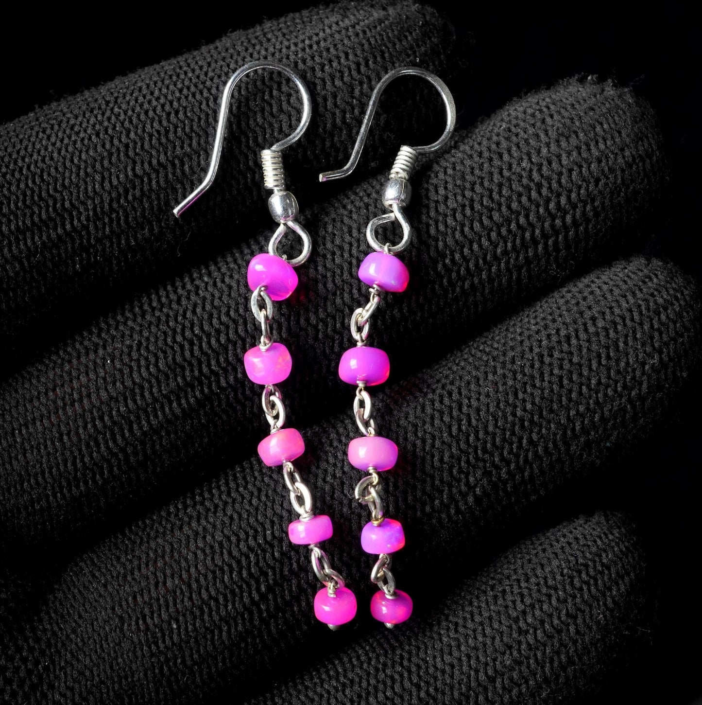 Natural Pink Ethiopian Welo Opal Beaded Earrings, 925 Silver , Natural Rainbow Gemstone