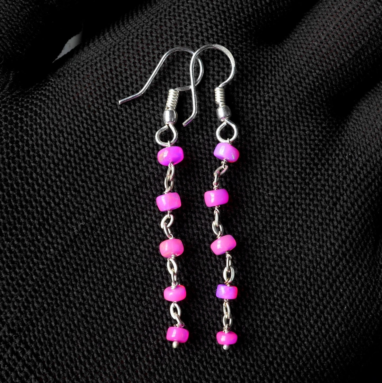 Natural Pink Ethiopian Welo Opal Beaded Earrings, 925 Silver , Natural Rainbow Gemstone