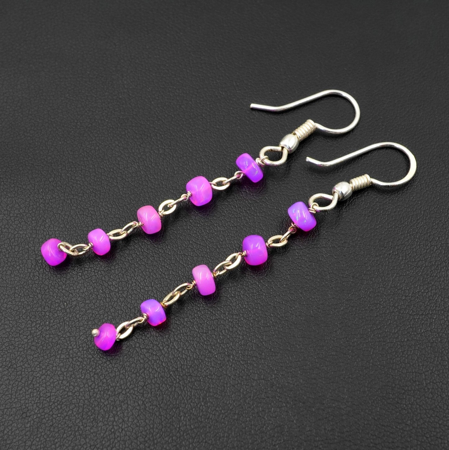 Natural Pink Ethiopian Welo Opal Beaded Earrings, 925 Silver , Natural Rainbow Gemstone