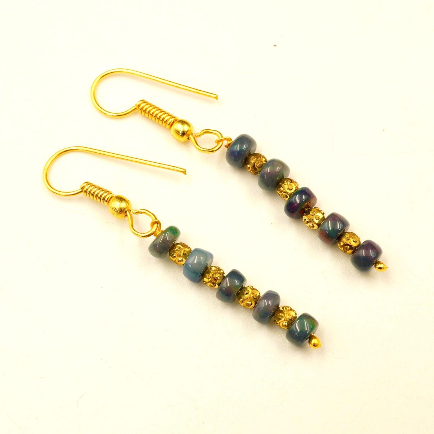 Black Multi Ethiopian Opal Beaded Earrings, 14K Gold , Natural Rainbow Gemstone