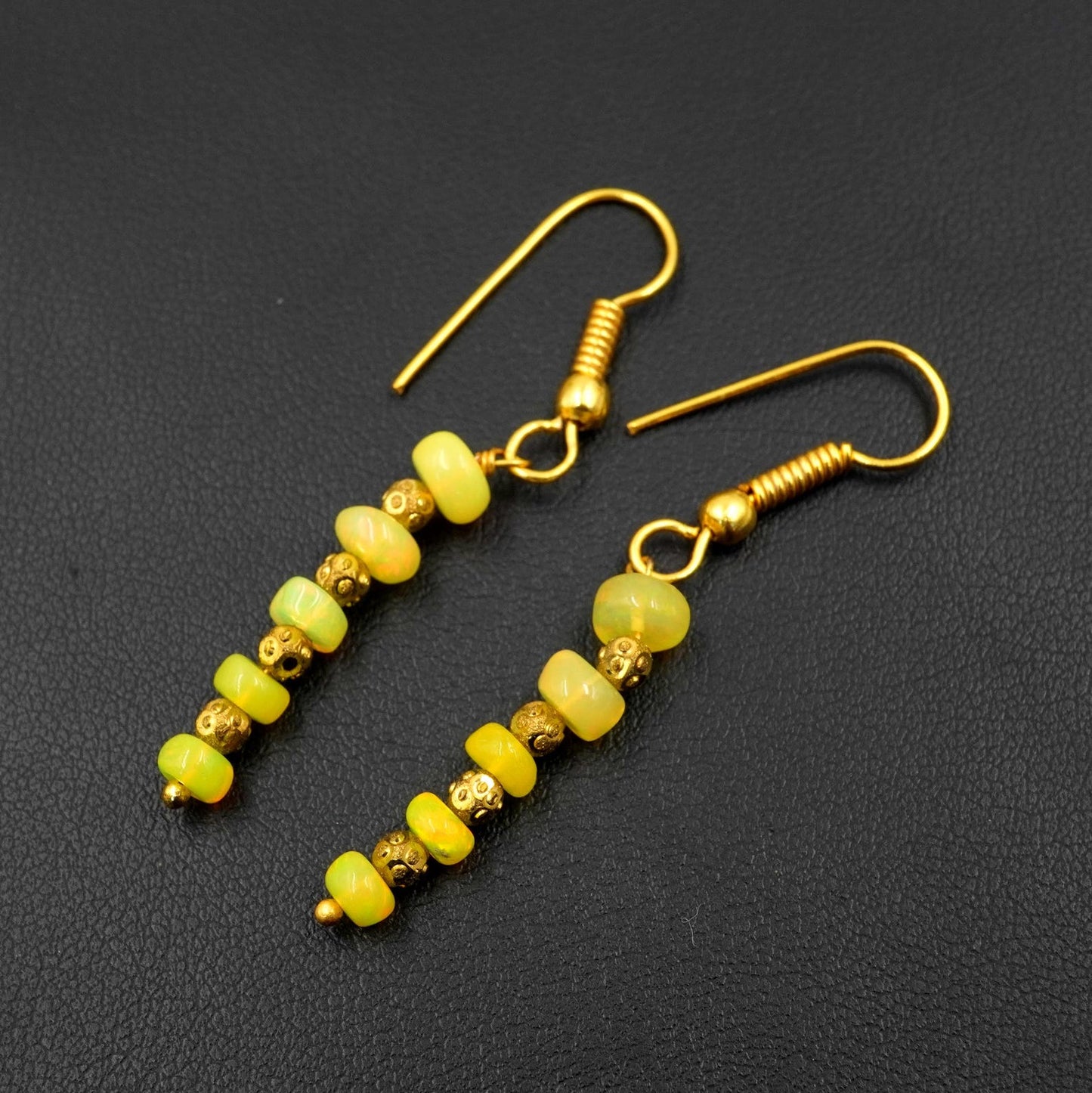 Yellow Welo Fire Ethiopian Opal Cabochon Beaded Earrings, Natural Rainbow Gemstone